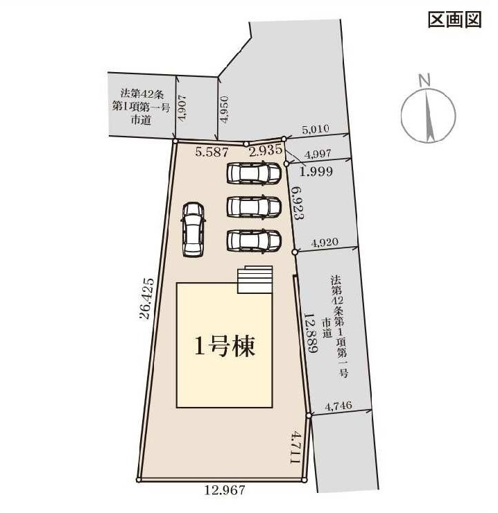 新築　前橋市小屋原町第１　Livele Garden.S　1号棟の区画図|1号棟　区画図　北側接道幅員約4.9ｍ　東側接道幅員約4.9ｍ
