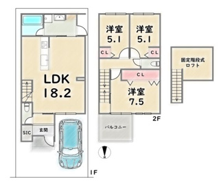 【土地図＋建物プラン例】 | 右京区嵯峨新宮町　建築条件付 | 《参考プラン》建物価格：1829万円　延床面積：86.81平米（1F:45.50平米　2F:41.31平米）