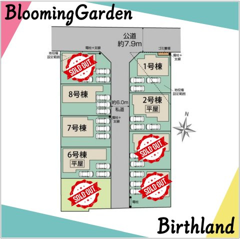新築戸建・新築建売　郡山市芳賀三丁目　芳賀小・第四中の区画図|駐車スペースは3台可能です！（車種による）開発道路、ゴミ置き場持ち分有り。