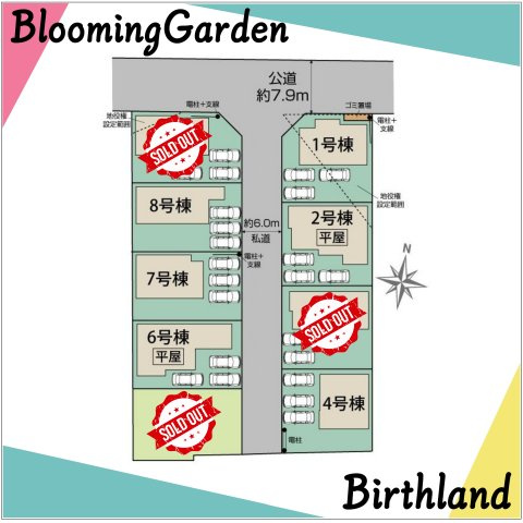 新築戸建・新築建売　郡山市芳賀三丁目　芳賀小・第四中の区画図|駐車スペースは3台可能です！（車種による）開発道路、ゴミ置き場持ち分有り。