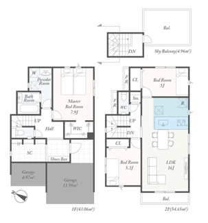 【間取り】 | 綾瀬市寺尾釜田1丁目  1号棟 第1 | 2LDK+1S（洋室仕様）　都市ガス　屋上バルコニー　宅配BOX付機能門柱　網戸標準仕様　シャッター5箇所付　Wロックタグキー（FamiLock）　食洗器・浄水器　浴室乾燥機　SC　LDK16帖