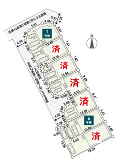 【区画図】 | 綾瀬市寺尾釜田1丁目  1号棟 第1 | 1号棟　角地　南西側約4.5ｍ開発道路・北西側約4.5ｍ公道　駐車並列2台（車種によります）