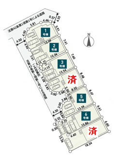 【区画図】 | 綾瀬市寺尾釜田1丁目  3号棟 第1 | 3号棟　南西側約4.5ｍ開発道路　駐車並列2台（車種によります）　敷地面積30.3坪