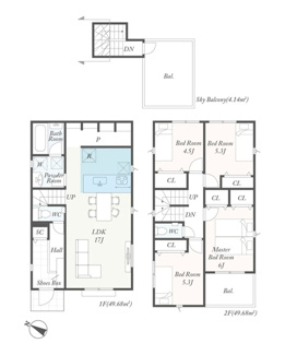 【間取り】 | 綾瀬市寺尾釜田1丁目  6号棟 第1 | 都市ガス　屋上バルコニー　宅配BOX付機能門柱　網戸標準仕様　シャッター5箇所付　Wロックタグキー（FamiLock 電池式）　食洗器・浄水器　浴室乾燥機　全居室収納