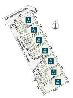 【区画図】 | 綾瀬市寺尾釜田1丁目  6号棟 第1 | 6号棟　北西側約4.5ｍ開発道路（間口約2.2ｍ）　駐車2台（車種によります）　敷地面積31.7坪