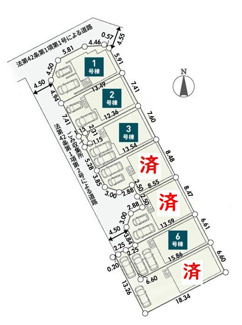 【区画図】 | 綾瀬市寺尾釜田1丁目  6号棟 第1 | 6号棟　北西側約4.5ｍ開発道路（間口約2.2ｍ）　駐車2台（車種によります）　敷地面積31.7坪