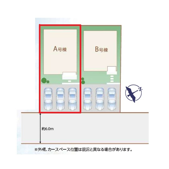 ハートフルタウン 　水戸市笠原町974番　Aの区画図|並列駐車可能です。内覧、他の物件と合わせての現地ご案内も可能です！HPから、またお電話でも、お気軽にお問い合わせください。