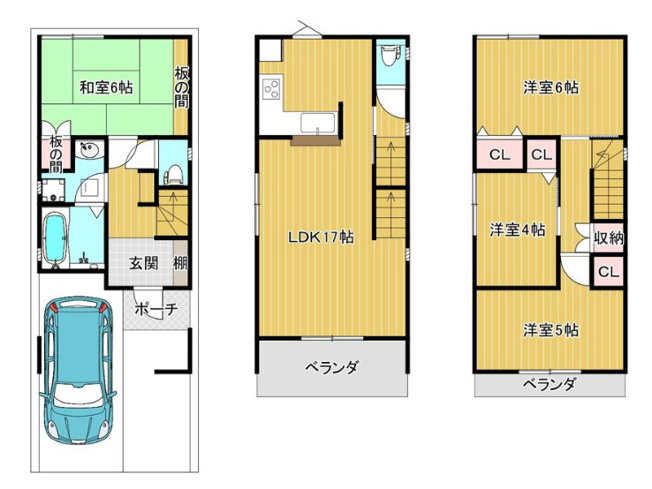 【間取り】 | 東大阪市花園西町1丁目 | 【4LDK＋駐車スペース】室内リフォーム済み☆食洗機・IHコンロ・浴室乾燥機・TVモニターホン完備☆2Fワイドバルコニー☆