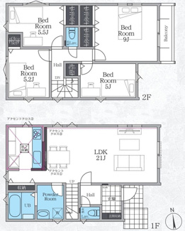 【間取り】 | 厚木市南町  1号棟 3期 | 4LDK　都市ガス　網戸標準仕様　シャッター1箇所付　Wロックディンプルキー　食洗器・浄水器　浴室乾燥機+窓　全居室収納　LDK21帖　メイン洋室9帖