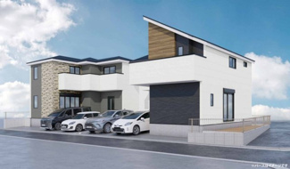 【外観パース】 | 【仲介手数料無料！！】府中市分梅町5丁目　新築戸建て（全2棟）2号棟　6599万円 | 本パースは、イメージ図につき、風景、建物、植栽などについては施工後の現物との差異が生じます
つきまして本パースによって生じたいかなる損害については一切責任を負いません