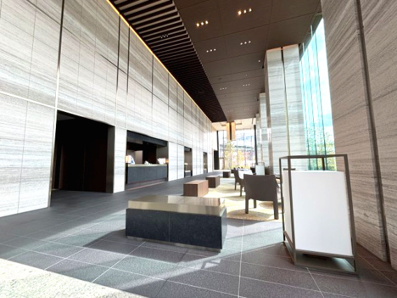 NAGOYA the TOWERのロビー|石調素材と光が織りなす、重厚感あるエントランスホール