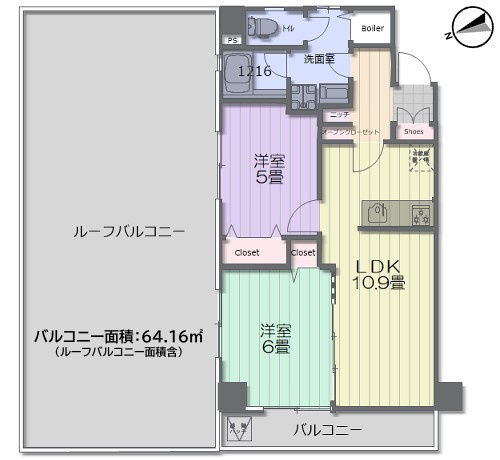 【間取り】 | マンション東武練馬 | 約６４㎡という大きさのルーフバルコニー、開放感があります。