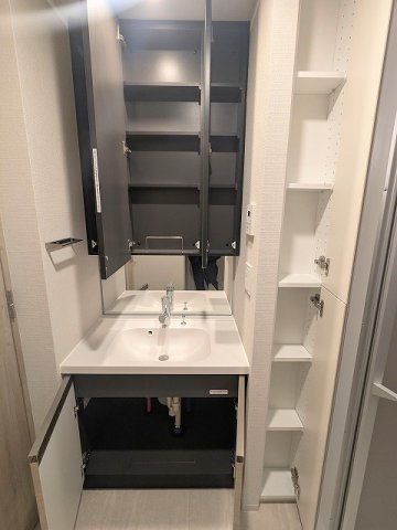 geo ent上野稲荷町の設備|トイレと独立した洗面脱衣室の三面鏡付ハンドシャワー付洗面台、洗濯機置場は排水口のお手入れしやすい様に手前中央に配置し、足高の防水パンです