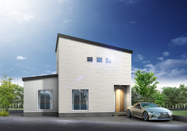 高知市加賀野井　新築一戸建ての完成予想図|白を基調とした、飽きのこないシンプルモダン外観。駐車スペース2台確保
