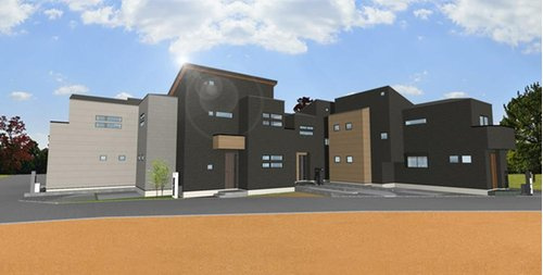 新座市野寺１丁目　建築条件付き売地　全６区画　誕生！の外観パース|直線美が際立つ外観デザインと程よい距離感が、住まう誇りと安心感を育む、洗練された新築分譲住宅。