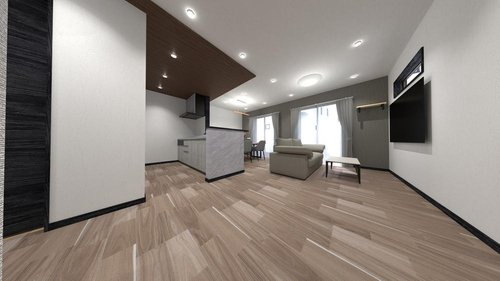 新座市野寺１丁目　建築条件付き売地　全６区画　誕生！の完成予想図|木目の温もりと白の抜け感が調和するLDK。下がり天井と間接照明が奥行きを生み、家族が自然に集まる上質で開放的な住空間。