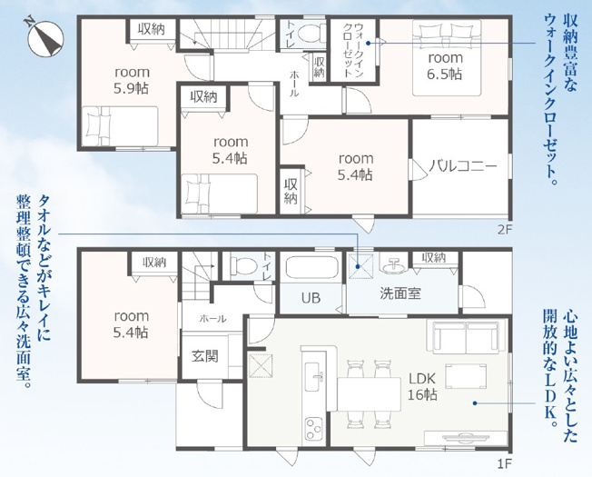 【間取り】 | 焼津市吉永4期　新築戸建　全1棟 | 使い勝手の良い5LDK♪フラットな生活が可能な一階居室のある間取です！