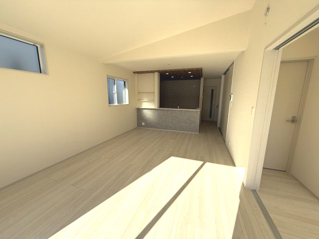 ブルーミングガーデン前橋市総社町植野　4号棟(平屋)の居間・リビング|18帖の広々リビング♪折り上げ天井の造りでおしゃれです♪人気の対面式キッチンを配した空間はお好みの家具も合わせやすく、家族がくつろぐ快適な空間造りをサポート。窓からは明るい陽光が差し込みます。