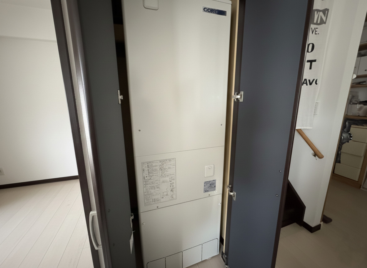 モダンな外観とウッドデッキ！文苑2丁目で叶える開放感溢れる暮らし◎の玄関|家計に優しいエコキュート完備！月々の光熱費を抑える省エネ設計