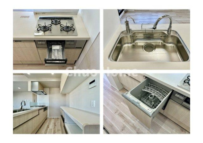 【キッチン】 | アーバンビュー平井ツインズ | 【システムキッチン】ワイドで収納豊富な使い勝手の良いカウンターキッチンには、食洗器や伸縮タイプのキッチン水栓、三ツ口コンロ・魚焼きグリルなどの便利な設備が標準完備されています。