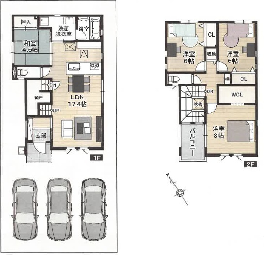 高見町　新築戸建　1号棟　【全2区画】の間取り|4ＬＤＫ+ＷＣＬ　建物面積　106.82㎡（約32.31坪）