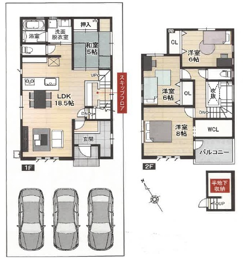 高見町　新築戸建　2号棟　【全2区画】の間取り|4ＬＤＫ+ＷＣＬ　建物面積　111.37㎡（約33.68坪）