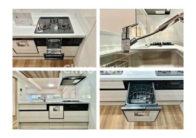 【キッチン】 | グリーンパーク第16綾瀬 | 【システムキッチン】ワイドで収納豊富な使い勝手の良いカウンターキッチンには、食洗器や伸縮タイプのキッチン水栓、三ツ口コンロ・魚焼きグリルなどの便利な設備が標準完備されています。