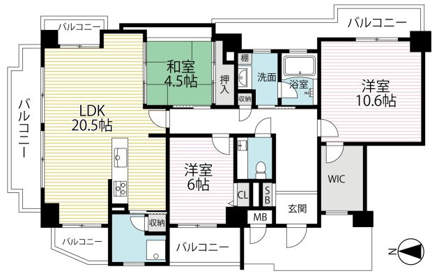 「大津」駅徒歩１１分の７階建マンション４階部分◆広々間取りの３ＬＤＫ角住戸◆シャリエ大津朝日が丘の間取り