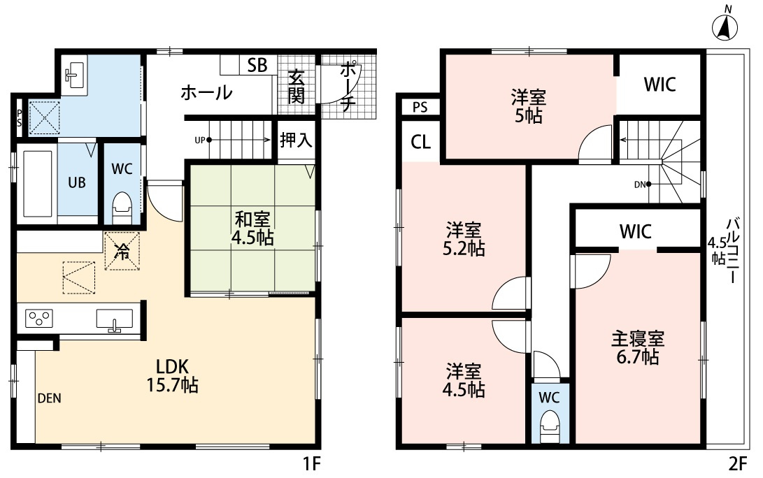 小牧市大字東田中　新築戸建　１号棟の間取り|ゆとりの５LDK。
LDK15.7帖＋和室4.5帖の続き間です。