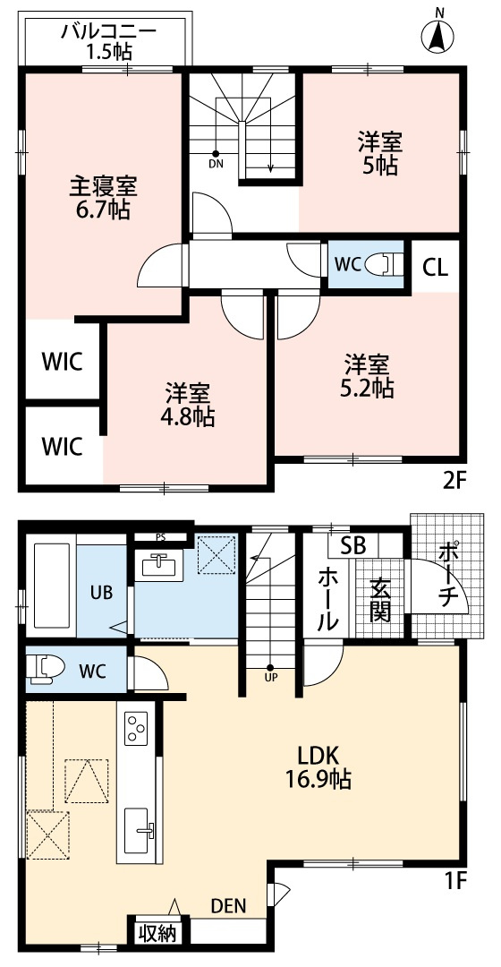 小牧市大字東田中　新築戸建　３号棟の間取り|LDK16.9帖。
リビングにDENあり。