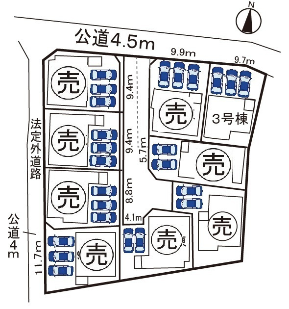 小牧市大字東田中　新築戸建　３号棟の区画図|全９区画。駐車場並列３台可。