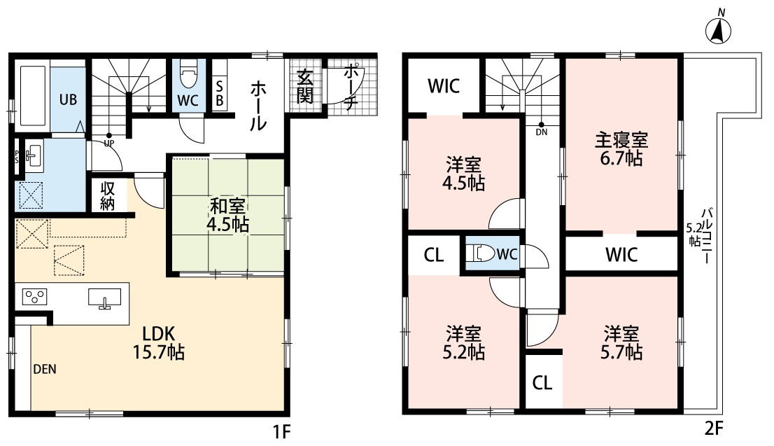 小牧市大字東田中　新築戸建　４号棟の間取り|５LDK。LDK15.7帖＋和室4.5帖の続き間です。
リビングにDENあり。