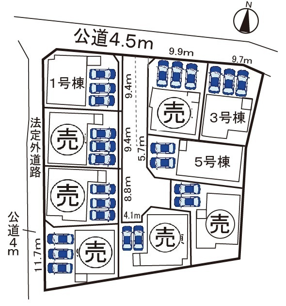 小牧市大字東田中　新築戸建　５号棟の区画図|全９区画。駐車場並列2台可。