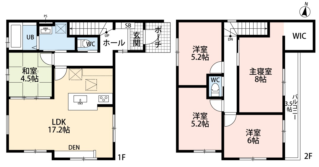 小牧市大字東田中　新築戸建　６号棟の間取り|５LDK。LDK17.2帖＋和室4.5帖の続き間です。
リビングにDENあり。主寝室８帖。