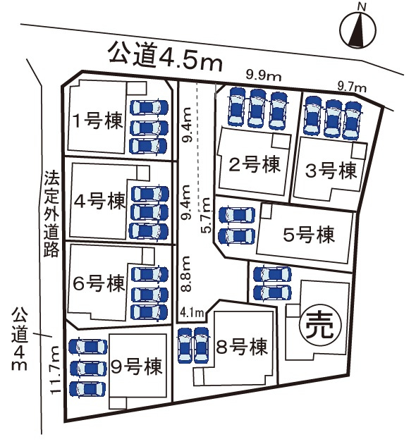 小牧市大字東田中　新築戸建　６号棟の区画図|全９区画。駐車場並列３台可。