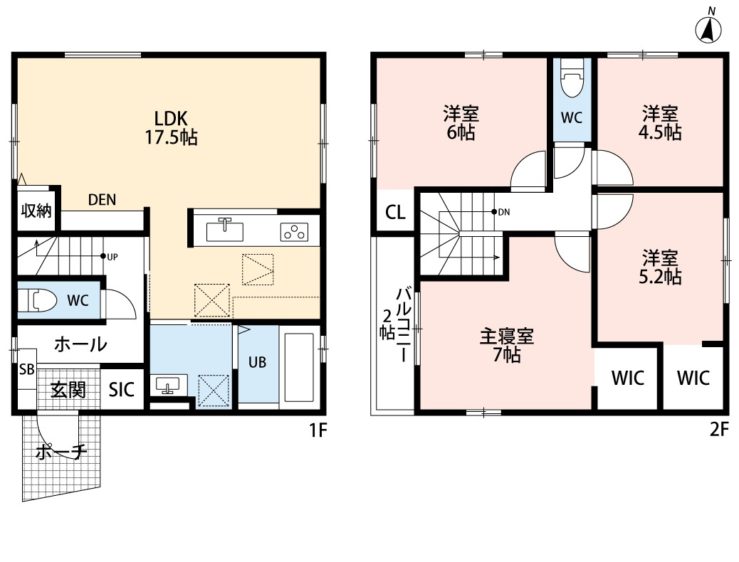 小牧市大字東田中　新築戸建　９号棟の間取り|4LDK。LDK17.5帖。リビングにDENあり。
シューズインクロークあり。