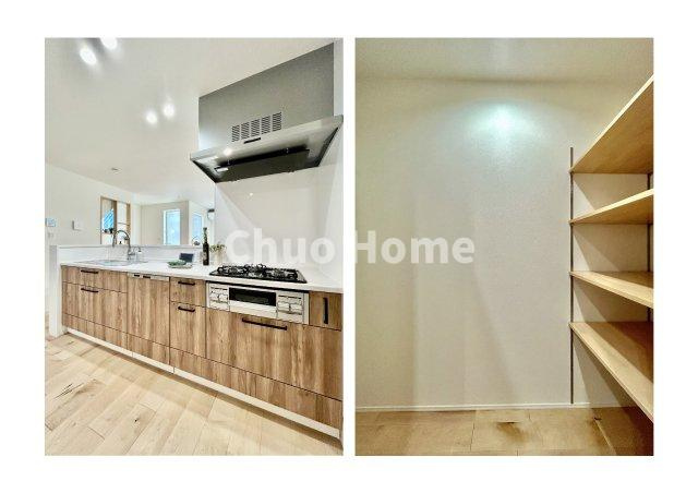 葛飾区亀有4丁目新築分譲住宅のキッチン|ワイドで収納豊富なシステムキッチン・大型パントリー