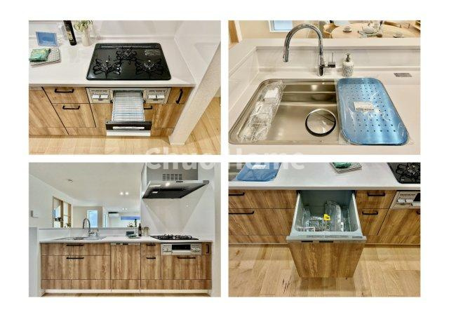 葛飾区亀有4丁目新築分譲住宅のキッチン|【システムキッチン】ワイドで収納豊富な使い勝手の良いカウンターキッチンには、食洗器や伸縮タイプのキッチン水栓、三ツ口コンロ・魚焼きグリルなどの便利な設備が標準完備されています。