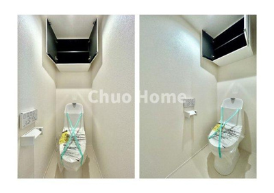 【トイレ】 | 葛飾区亀有4丁目新築分譲住宅 | 【トイレ×2】 収納スペースをしっかりと確保した温水洗浄便座機能付きトイレ。温水洗浄便座は清潔にお使いいただくための大切なアイテムです。