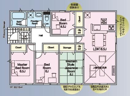 クレイドルガーデン熊本市南区富合町大町第４　１号棟の間取り|広々とした敷地に、家事がしやすい動線のお家です。