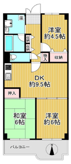 【間取り】 | パレス南塚口2号棟 | ３DKで新婚様からファミリー様まで幅広くおすすめの間取りです♪バルコニー側の洋室6帖とリビングの建具をオープンにしていただくと２LDKとしても使用できます！！