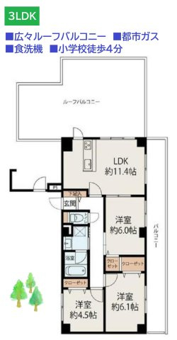 【間取り】 | 眺望良好な広々としたルーフバルコニーが魅力的です◎　　　　　　　　
周辺には複数のスーパーがあり、お買い物にも便利な立地です！