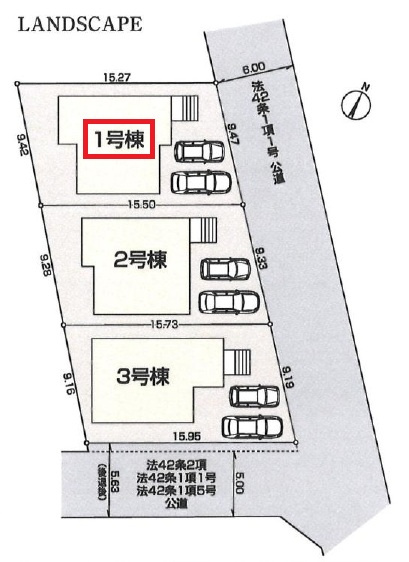 東村山市秋津町2丁目・全3棟　新築一戸建　1号棟の区画図|【全3棟・1号棟】
並列駐車2台可能です。(車種制限あり)