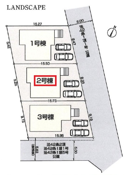 東村山市秋津町2丁目・全3棟　新築一戸建　2号棟の区画図|【全3棟・2号棟】
並列駐車2台可能です。(車種制限あり)