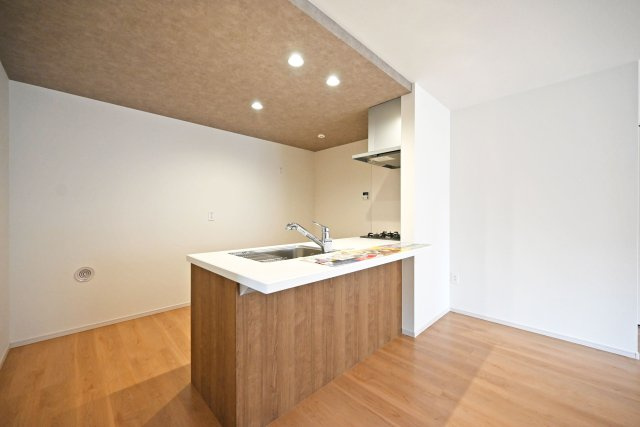 テラシエ大庄中通１丁目新築一戸建て│4LDK+駐車駐輪のキッチン|キッチン上部は折下天井を採用でデザイン性を向上させています。ダウンライトを4基採用し、作業性を確保。