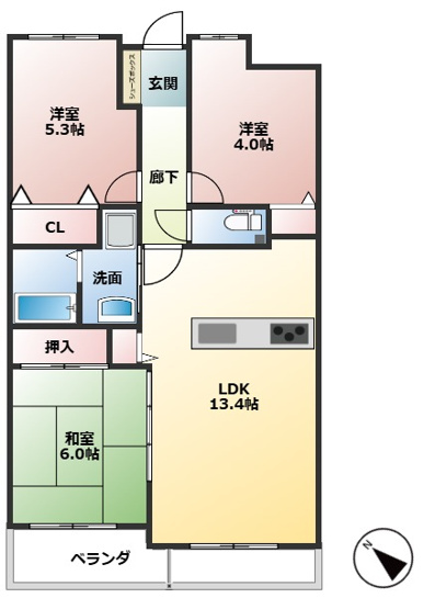 【間取り】 | コアマンション博多南 | フルリフォーム済みで、南面向きのバルコニー付きで日当たりも良く、和室の扉を開けるとさらに開放感のあるリビングとなります！