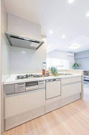 シスナブ池袋本町のキッチン|新規交換のシステムキッチンは食器洗い乾燥機付き 家事の時短や光熱費の削減にもつながります