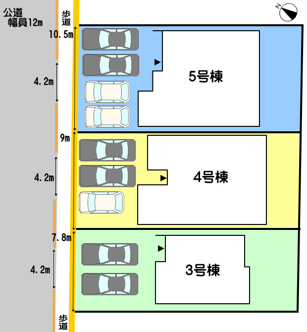 碧南市岬町の区画図|3号棟　並列駐車２台（車種によっては3台）