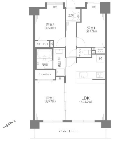 【間取り】 | ライオンズマンション西高島平溝下公園弐番館 | 3LDK、専有面積60.76m2、バルコニー面積9.30㎡ 南東向き3LDK　