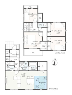 【間取り】 | 伊勢原市板戸  1号棟 第2 | 網戸標準仕様　シャッター2箇所付　Ｗロックタグキー（FamiLock 電池式）　南向きバルコニー　食洗器・浄水器　パントリー　カップボード　浴室乾燥機　全居室収納　SC　LDK18帖
